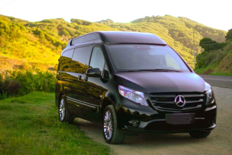 Exterior photograph of the right side of a black Mercedes Metris parked in a vineyard with afternoon light.